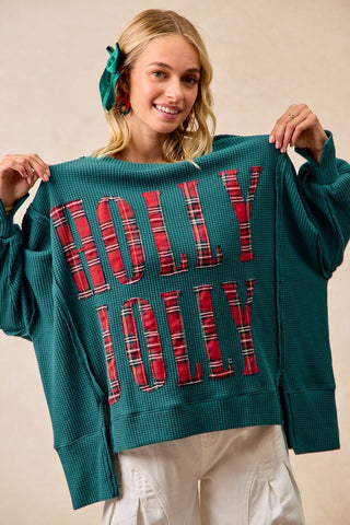 Christmas Plaid Holly Jolly Lettering Sweatshirt - Boutique Bella BellaTops