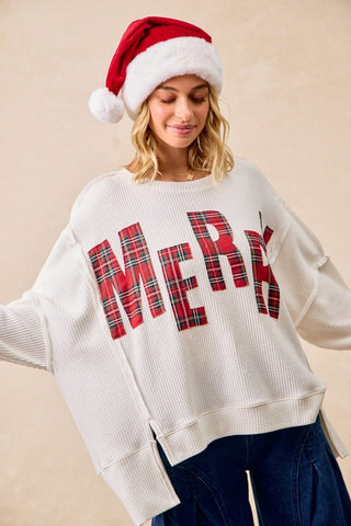 Christmas Plaid Merry Lettering Oversized Pullover - Boutique Bella BellaSweatshirt