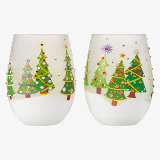 Christmas Tree Holiday Themed Wine Water Glasses Set Of 2 Shining Red Green Yellow Silver Holidays P - Boutique Bella Bella