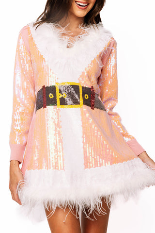 QOS Pink Sequin Feather Trim Santa Knit Dress