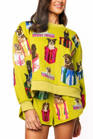 QOS Green Dogs in Present Boxes Sweatshirt