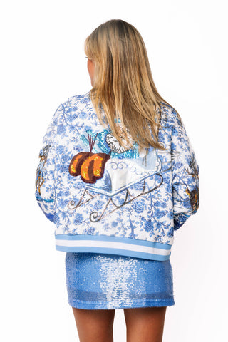 QOS All Over Blue & White Floral Vintage Santa Sweatshirt