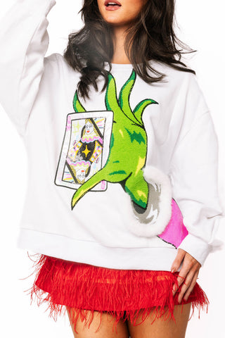 QOS White & Green Hand Holding QOS Card Sweatshirt