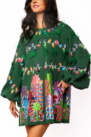 QOS Green Christmas Lights & Presents Feather Dress