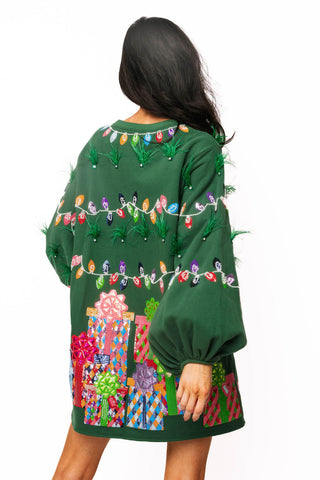 QOS Green Christmas Lights & Presents Feather Dress
