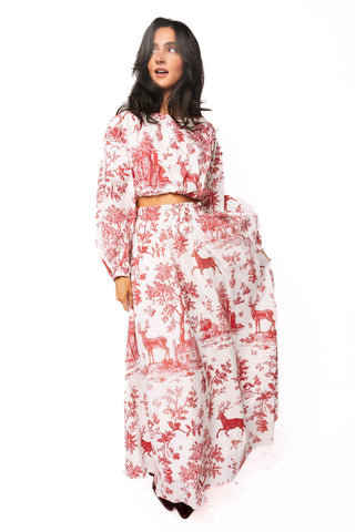 QOS Red & White Christmas Twall Cotton Midi Skirt