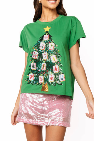QOS Green Mahjong Tile Christmas Tree Tee