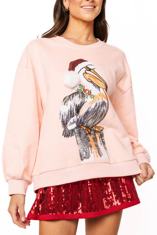 QOS Pink Pelican in Santa Hat Sweatshirt