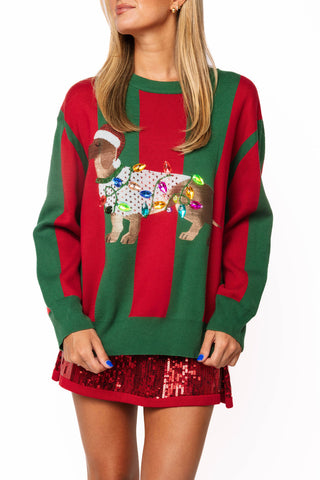 QOS Green & Red Striped Weenie Dog with Lights Sweater