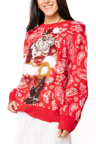 QOS Red & White Paisley Print Cowboy Santa Sweater