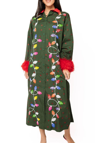 QOS Dark Green Multi Christmas Lights Feather Trim Midi Dress