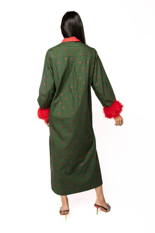 QOS Dark Green Multi Christmas Lights Feather Trim Midi Dress