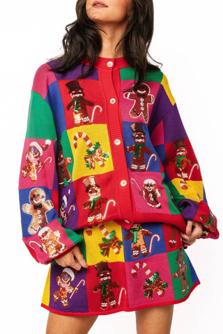 QOS Rainbow Colorblock Gingerbread Man Button Up Cardigan