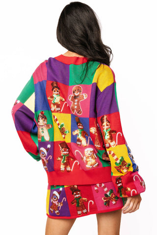 QOS Rainbow Colorblock Gingerbread Man Button Up Cardigan