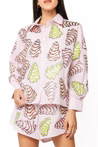 QOS Pink Gingham Christmas Tree Cookies Cotton Top