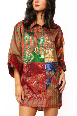 QOS Christmas Plaid Colorblock Metallic QOS Card Logo Tunic