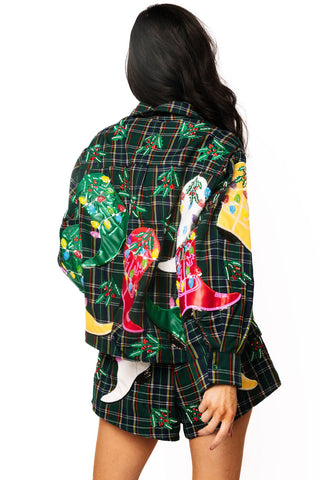 QOS Dark Green Plaid Multi Christmas Cowboy Boots Button Up Top