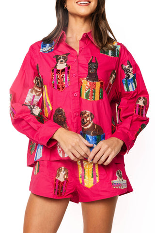 QOS Hot Pink Cotton Dogs in Present Boxes Button Up Top