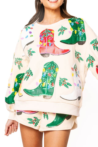 QOS Beige Multi Christmas Cowboy Boots Sweatshirt