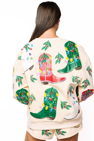 QOS Beige Multi Christmas Cowboy Boots Sweatshirt