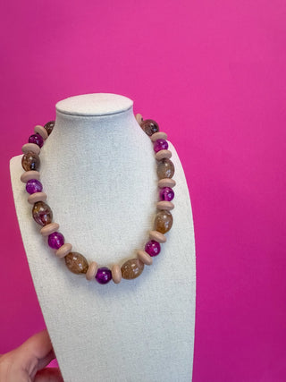 Chunky Marbled Resin Pebble Wood Beaded Necklace - Boutique Bella BellaNecklaces