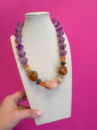 Chunky Mixed Marbled Resin Pebble Beaded Statement Necklace - Pink and Purple - Boutique Bella BellaNecklaces