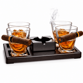 Cigar Glasses Tray Ash Tray 4 Whiskey Cigar Glasses Slot To Hold Cigar Whiskey Glass - Boutique Bella Bella