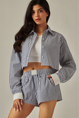 Coastal Morning Striped Short Set in Dark Navy - Boutique Bella BellaShort Set