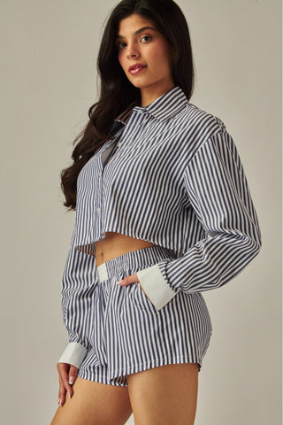 Coastal Morning Striped Short Set in Dark Navy - Boutique Bella BellaShort Set