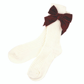 Cotton Socks in Ornament - Ivory + Burgundy Velvet Bow - Boutique Bella BellaSocks