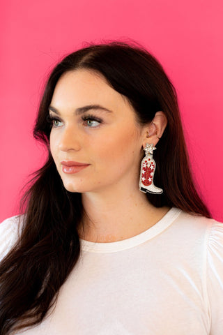 Cowgirl Boot Earrings - White and Red - Boutique Bella BellaDistress