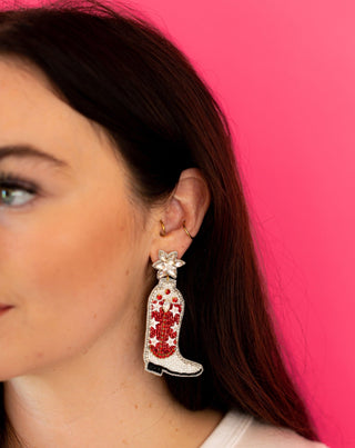 Cowgirl Boot Earrings - White and Red - Boutique Bella BellaDistress