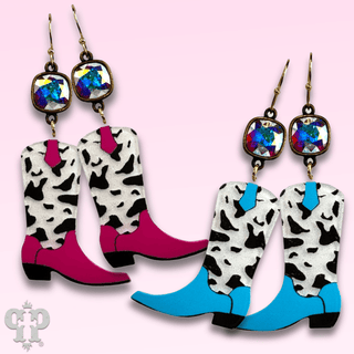 Cowprint cowboy boot earring with Austrian crystal - Boutique Bella BellaEarrings