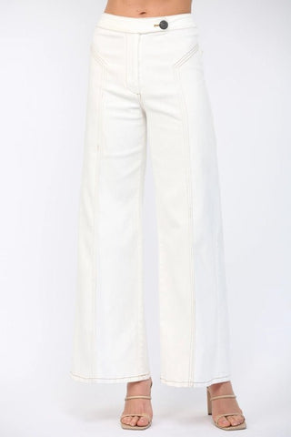 Cream Contrast Topstitching High - Waisted Flare Pants - Boutique Bella BellaPants