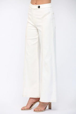 Cream Contrast Topstitching High - Waisted Flare Pants - Boutique Bella BellaPants