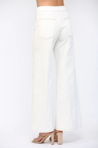 Cream Contrast Topstitching High - Waisted Flare Pants - Boutique Bella BellaPants