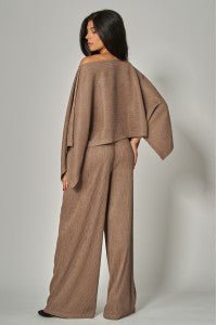 Crinkled Plisse Cape Kimono Luxury Pants Set - Mocha Mousse - Boutique Bella BellaSets