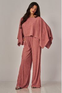 Crinkled Plisse Cape Kimono Luxury Pants Set - Rose Pink - Boutique Bella BellaSets