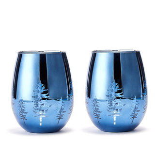 Crystal Christmas Tree Stemless Wine Water Glasses Set Of 2 Holiday Themed Vibrant Blue Etched Winte - Boutique Bella Bella