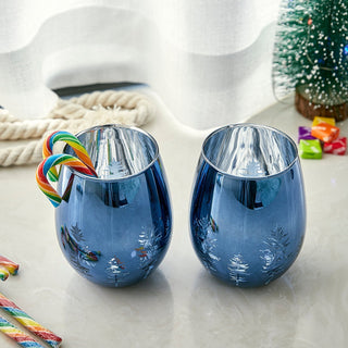 Crystal Christmas Tree Stemless Wine Water Glasses Set Of 2 Holiday Themed Vibrant Blue Etched Winte - Boutique Bella Bella
