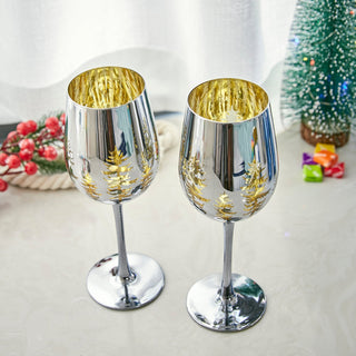 Crystal Christmas Tree Stemmed Wine Water Glasses Set Of 2 Holiday Themed Vibrant Gold Etched Winter - Boutique Bella Bella