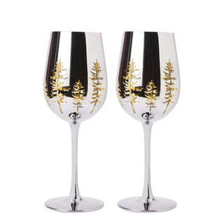 Crystal Christmas Tree Stemmed Wine Water Glasses Set Of 2 Holiday Themed Vibrant Gold Etched Winter - Boutique Bella Bella