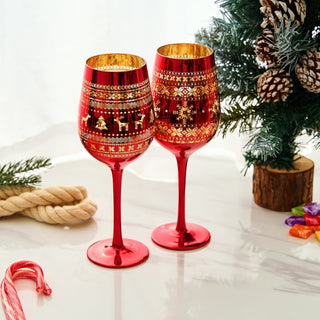 Crystal Christmas Tree Wine Water Glasses Set Of 2 Holiday Themed Red Gold Etched Winter Snow Wonder - Boutique Bella Bella