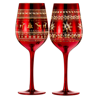 Crystal Christmas Tree Wine Water Glasses Set Of 2 Holiday Themed Red Gold Etched Winter Snow Wonder - Boutique Bella Bella