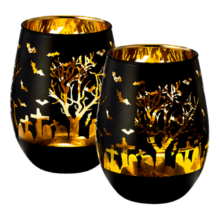 Crystal Halloween Stemless Wine Glass Set Of 2 Themed Vibrant Black Gold Etched Spooky Graveyard Pat - Boutique Bella BellaGlassware