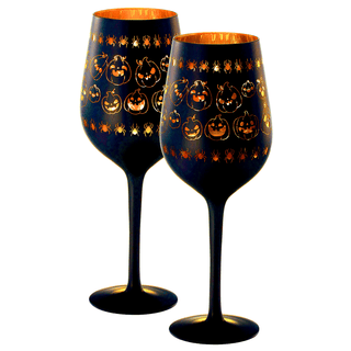 Crystal Halloween Stemmed Wine Glasses Set Of 2 Themed Vibrant Black Gold Etched Spooky Ghost Patter - Boutique Bella BellaGlassware