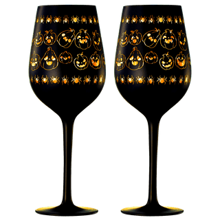 Crystal Halloween Stemmed Wine Glasses Set Of 2 Themed Vibrant Black Gold Etched Spooky Ghost Patter - Boutique Bella BellaGlassware