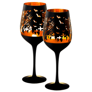 Crystal Halloween Stemmed Wine Glasses Set Of 2 Themed Vibrant Black Gold Etched Spooky Graveyard Pa - Boutique Bella BellaGlassware