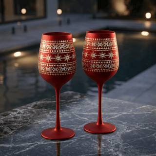 Crystal Stemmed Christmas Wine Glasses Goblets Set Of 2 Vibrant Themed Red Gold Etched Winter Snow W - Boutique Bella Bella