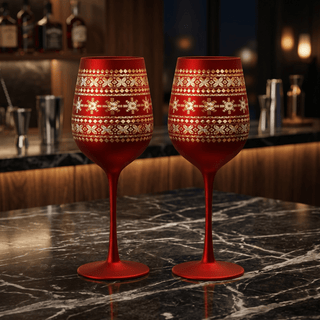 Crystal Stemmed Christmas Wine Glasses Goblets Set Of 2 Vibrant Themed Red Gold Etched Winter Snow W - Boutique Bella Bella